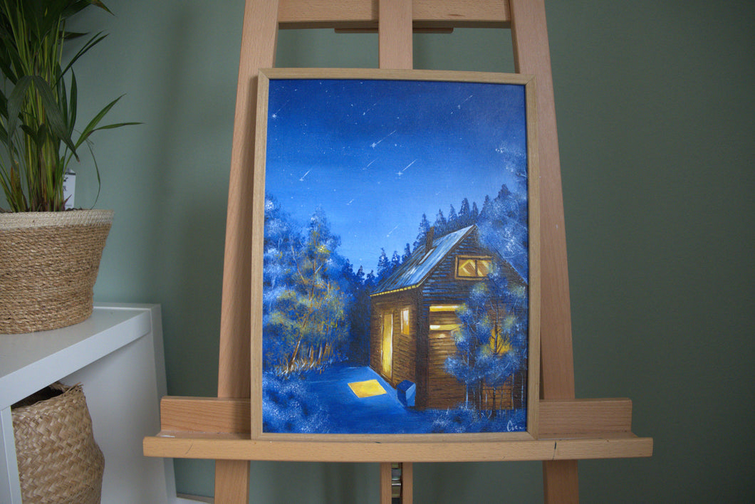 Hütte im Winterwald 30x40cm
