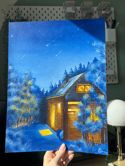 Hütte im Winterwald 30x40cm