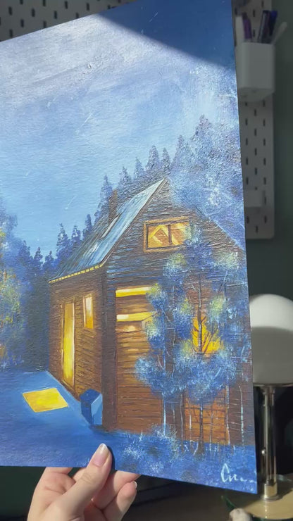 Hütte im Winterwald 30x40cm