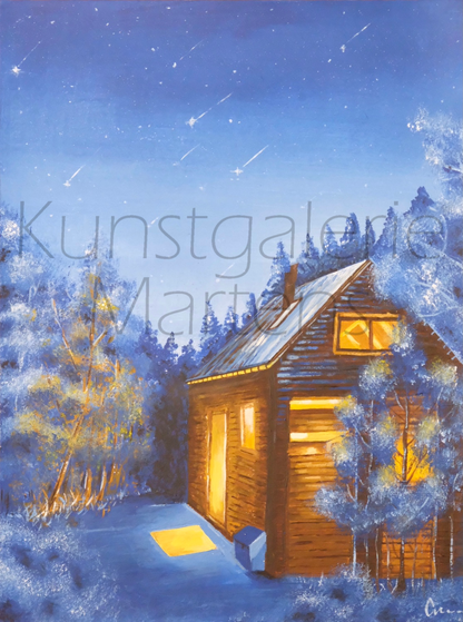 Hütte im Winterwald 30x40cm